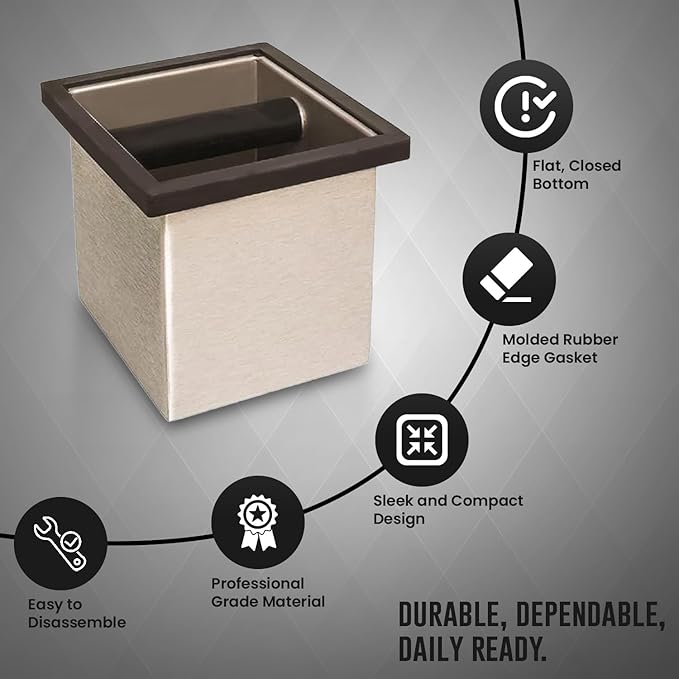 Rattleware Stainless Steel Knock Box | Heavy-Duty Espresso Grounds Container, Welded Bar, Durable and Efficient for Baristas - Quality Coffee Preparation (6"x5.5"x6")