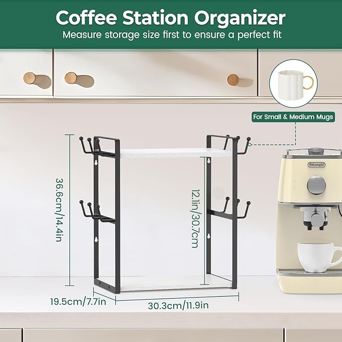 EsLuker.ly 2 Tier Coffee Mug Holder Station Bar Organizer Countertop, Mug Cup Tree Rack for Kitchen Office, Storage Shelf with 12 Hooks, Creat Stylish Coffee Corner, White-Black
