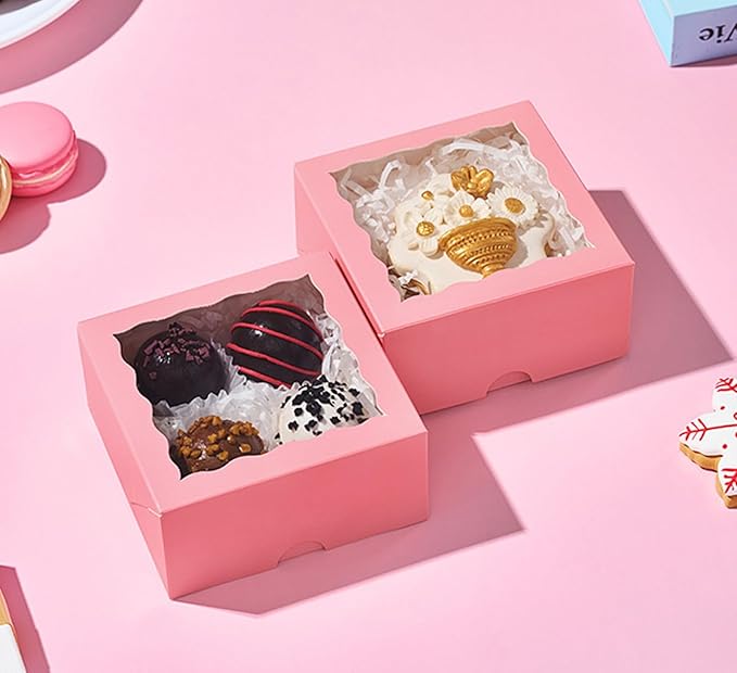 40PCS 4x4x2 Inches Pink Bakery Boxes with Clear Window – Ideal for Cookie, Strawberry, Macaron, Ores, Chocolate Truffles, Donut, Pie –Great for Party, Wedding, Valentine's, Birthday, Christmas Favor
