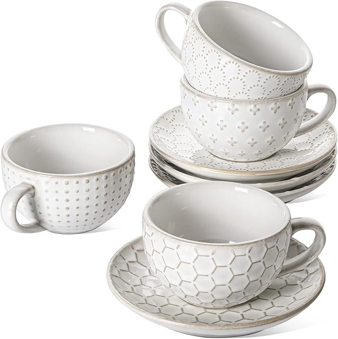 LE TAUCI Cappuccino Cups with Saucers 6 oz, Ceramic Embossment Coffee Cup for Au Lait, Double shot, Latte, Cafe Mocha, Tea, Dishwasher Safe - Set of 4, Arctic white