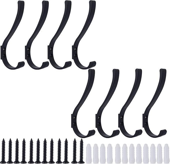 8 Pack Hanging Coat Hooks Wall Mount, Coat Hanger Wall Hangers, Metal Hooks for Hanging Heavy Duty, Screw in Hooks for Hanging Towels, Clothes, Backpack, Hat, Bag, Jacket, Key, Robe, Backpack Black