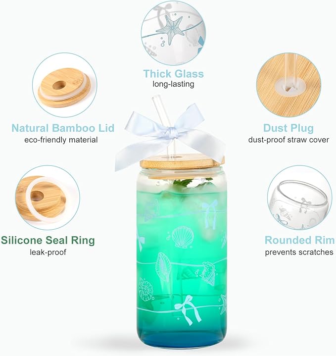 Ocean Animals Glass Cup with Lid and Straw, 16oz Iced Coffee Cup Tumbler Beach Gifts for Women Girls Conch Anniversary Birthday Mom Wife Sister Friends Colleagues