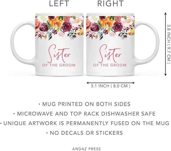 Andaz Press 11oz. Wedding Ceramic Coffee Tea Mug Gift, Fall Autumn Burgundy Orange Peach Flowers Roses Florals, Sister of the Groom, 1-Pack, Includes Gift Box