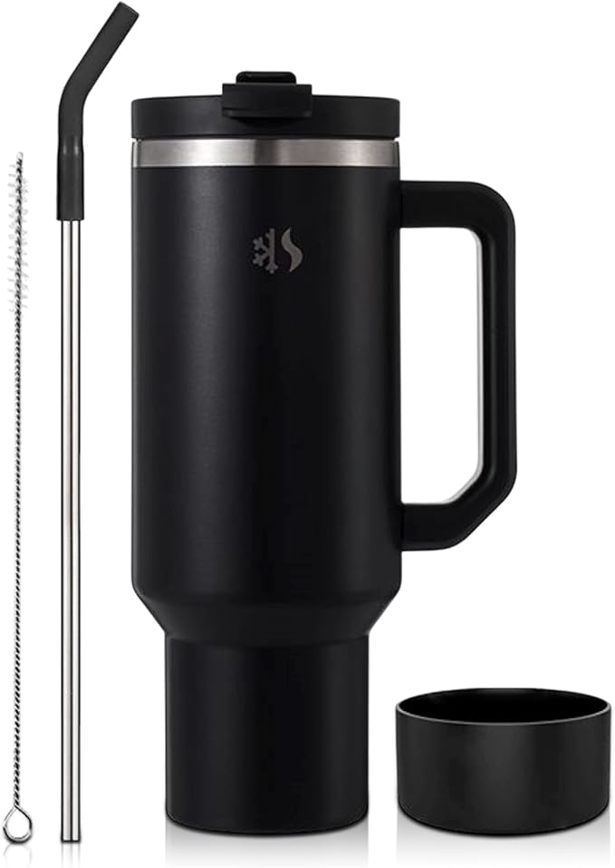 40 oz Tumbler with Handle and Straw, Dual feature Lid, Vacuum Insulated for Hot & Cold, Stainless Steel, includes Silicone Boot & Cleaning Brush