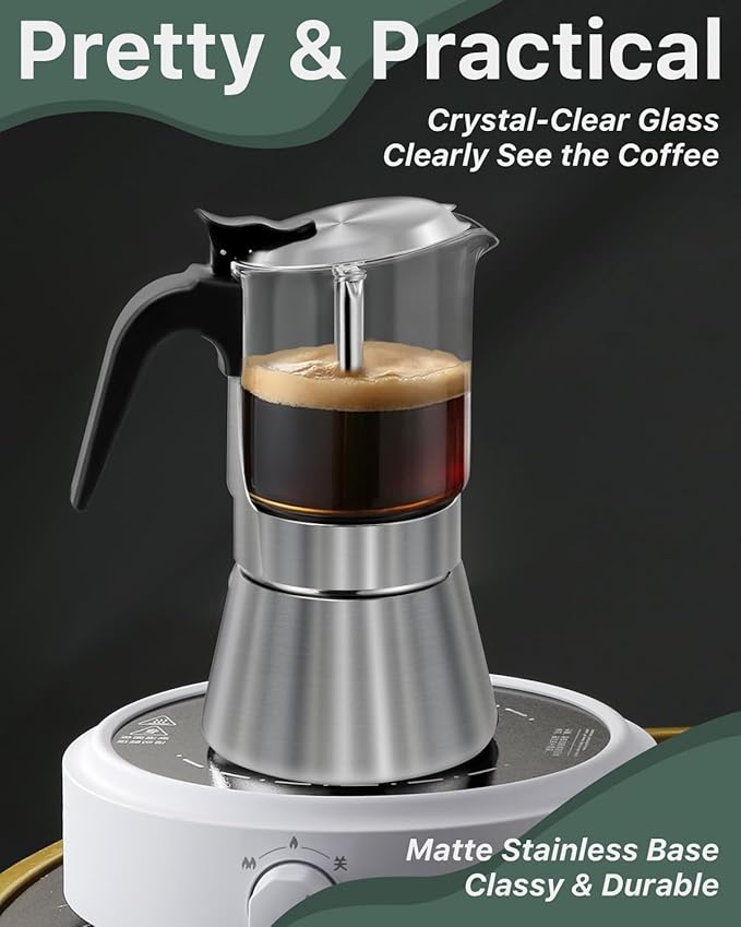 Grasseed Stainless Steel Moka Pot, Crystal Glass-top Coffee Maker Mocha Pot, Italian Stovetop Espresso Maker for Coffee - 6 Cup/240ml