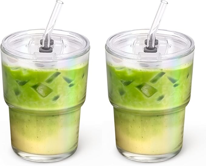 13 oz Glass Tumbler with Glass Straw and Lid, Leak-Proof Reusable Travel Cup for Iced Coffee, Tea, Matcha, Fruit Juice – Thick Wall Clear Water Bottle (Iridescent Shimmer, 2 Pack)