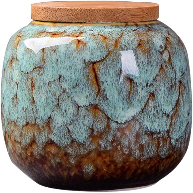Gets Traditional/Vintage Chinese Style Ceramic Storage Jars with Bamboo Lid, Tea Tins Cans Canister for Kitchen Spice, Tea, Coffee, Condiment (Light blue)