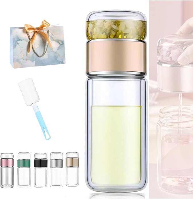Tryteava Glass Infuser, Tryteava 3-in-1 Smart Tea Infuser, Portable Glass Double Wall Tea Infusers Bottle, with Stainless Steel Filter, Hot & Cold Brew, For Loose Leaf, Office Home (Gold, 280ml)