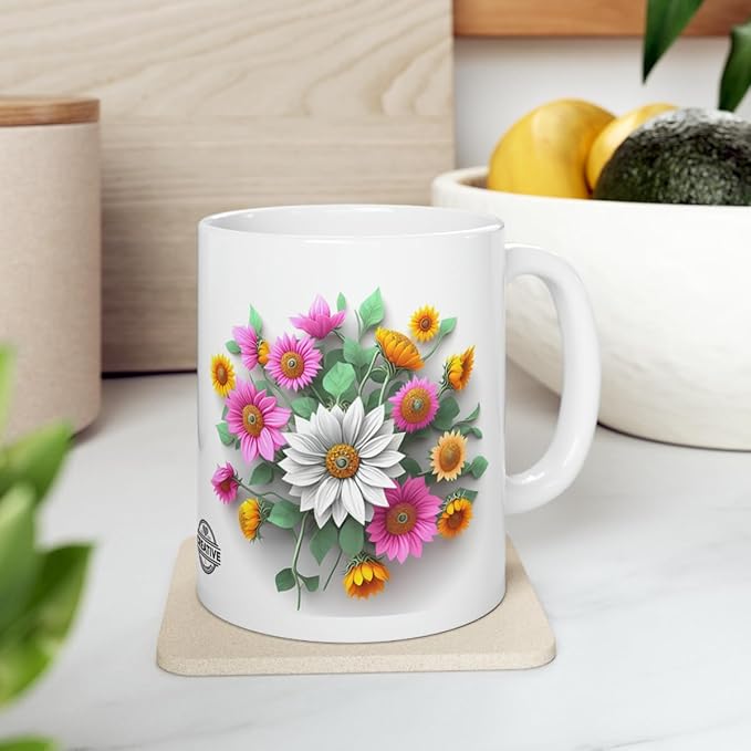 11 OZ Novelty Coffee Mugs - Christmas Gift (3-D Flower Ceramic Mug)