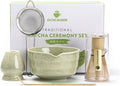 Matcha Set, Japanese Tea Set Includes Matcha Bowl with Spout, Matcha Whisk Holder, Bamboo Matcha Whisk and Bamboo Scoop, 17 oz Mottled Tea Green Glaze Ceramic Matcha Kit for Tea Lovers
