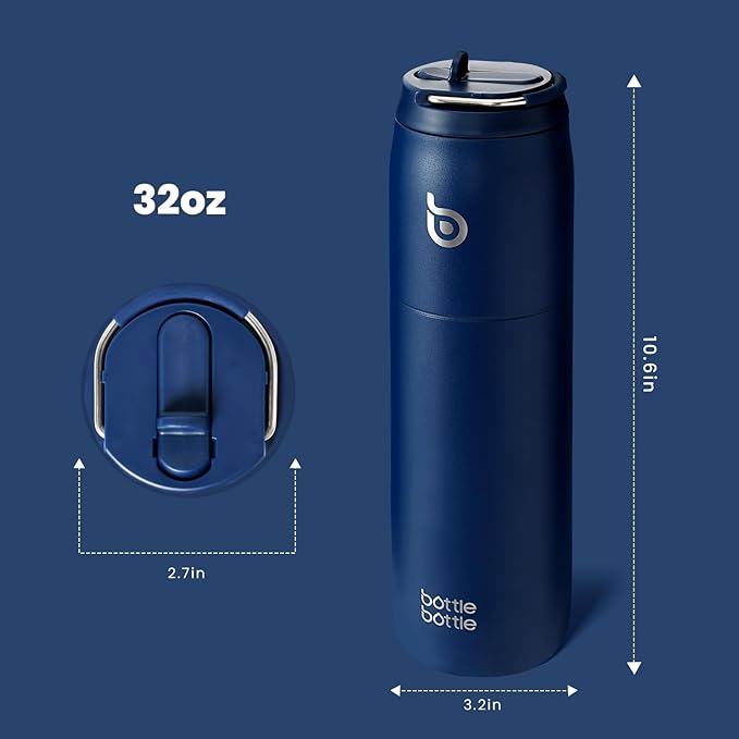 BOTTLE BOTTLE Stainless Steel Water Bottle with Straw and Lid 32 oz Vacuum Insulated Cup Stay Cold and Hot, Leak-Proof Wide Mouth Water Bottles for Men,indigo blue