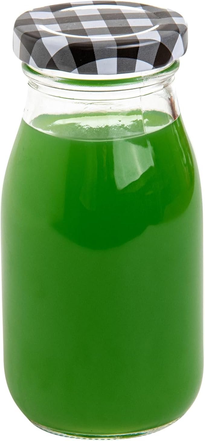 Restaurantware-French Countryside 6 Ounce Glass Bottles, 10 Durable Juice Bottles - With Black Plaid Lid, Dishwashable, Clear Glass Countryside Bottle, For Hot And Cold Beverages