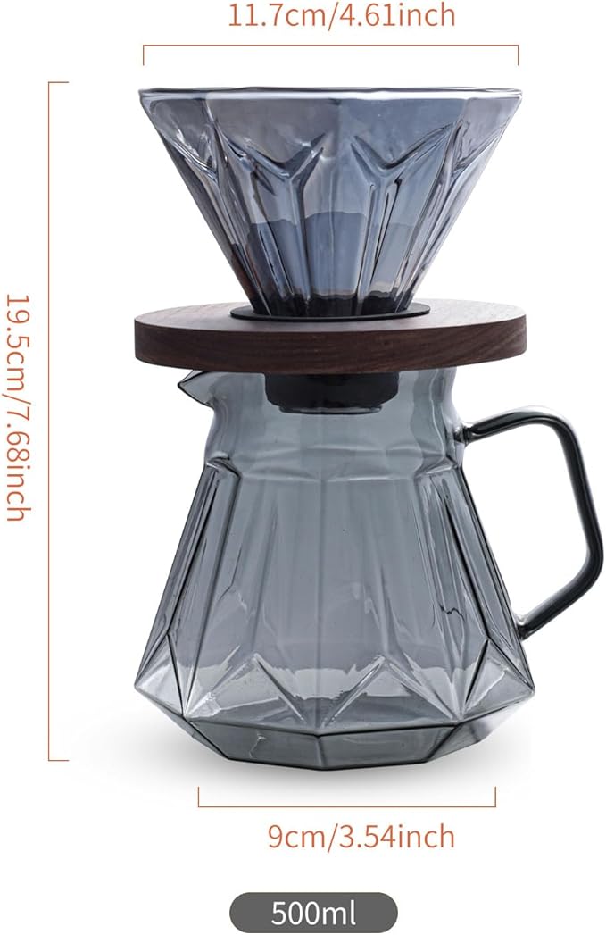 Pour Over Coffee Maker Set, 21 oz/620ml Glass Pour Over Coffee Dripper Filter Coffee Maker Kit Manual Grinder with Walnut Handle for Home Office Cafe Restaurant Camping (Grey)