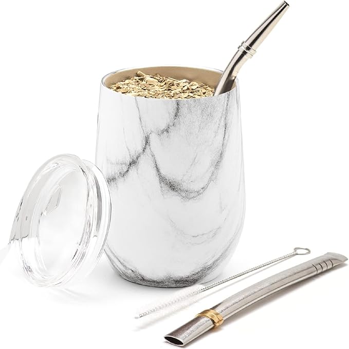BALIBETOV 5 pcs large Yerba Mate Cup and Bombilla Kit, Includes one 12 oz Yerba Mate Gourd with Lid, Two Bombillas Mate Straw and one cleaning brush | Stainless steel | Double Walled