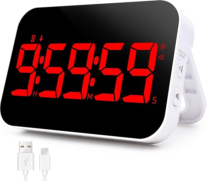Digital Kitchen Timer, Rechargeable Magnetic Timer with Countdown/up, 5”LED Large Display 3 Brightness 4 Volume Adjustable for Cooking and for Seniors and Kids to Use-Red