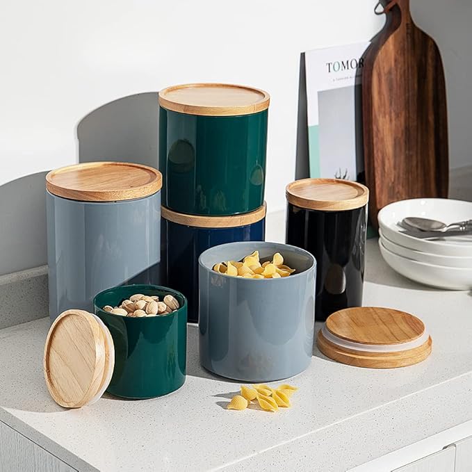 Sweejar Kitchen Canisters Ceramic Food Storage Jar, Stackable Containers with Airtight Seal Wooden Lid for Serving Coffee Bean, Flour, Tea, Cookies and More - 58 Fl Oz (Jade)
