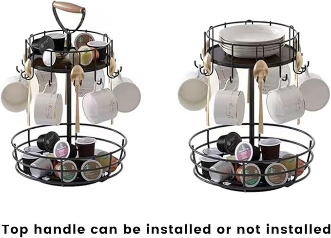 Coffee Mug Holder, 2 Tier Coffee Cup Holder with Hooks, Rotatable Mug Rack Organizer with Cup Pods & Saucer Basket for Bar Kitchen Counter