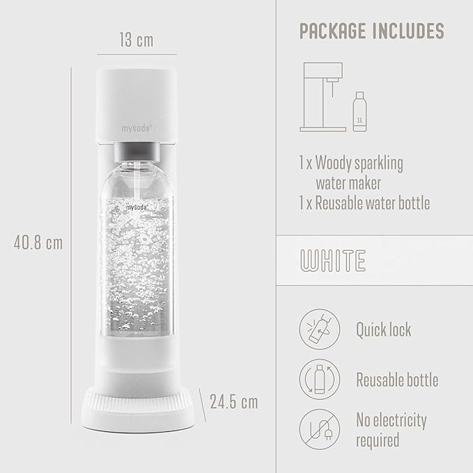 Mysoda Woody Sparkling Water Maker - Silent Carbonated Water Machine Made of Renewable Wood Composite and 1L Water Bottle - Without CO2 Cylinder - Seltzer Maker Machine - Colour White