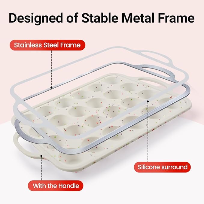 Mini Cupcake Pans, Metal Reinforced Frame Silicone Mini Muffin Pan Nonstick 24 Cups Easy to Handle for Baking Muffins, Cupcakes, Egg Bites 1 Pack