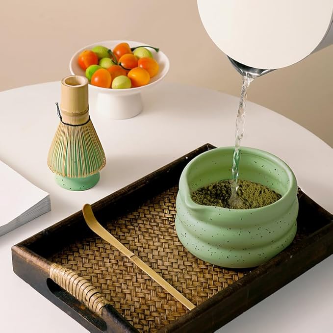 4pcs green ceramic matcha bowl with black speckles, perfect for matcha green tea, coffee, or as part of a matcha kit with whisk, sifter, and glass straws