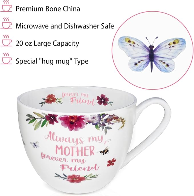 Mom Mugs for Daily Coffee and Tea, Premium 20 oz Bone China Coffee Tea Hug Mug, Perfect Holiday, Birthday, and Mother's Day Gift for Moms, Designed in England by Harvest Green Studio