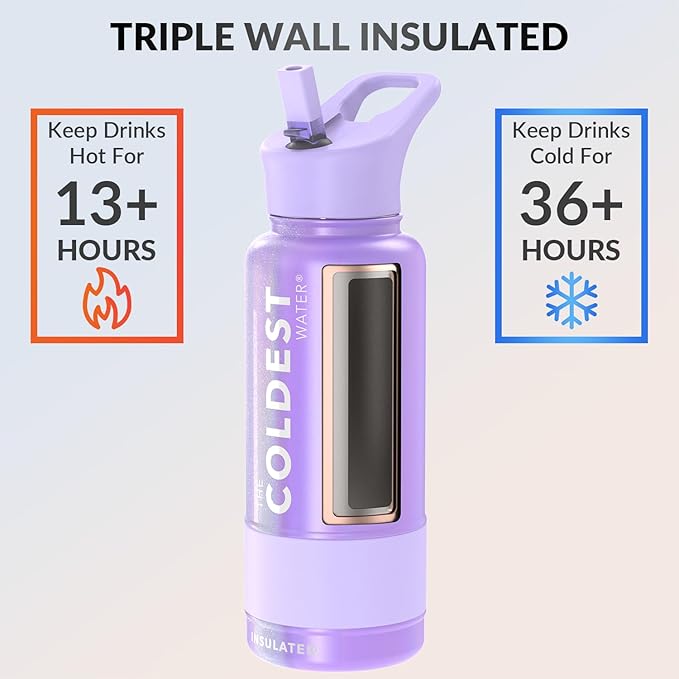 Coldest Insulated Water Bottle with Straw Lid - Stainless Steel Metal Insulated Bottle for Men & Women (Saturn's Moon Purple Glitter, 40 oz)