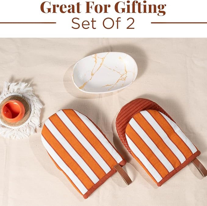 Folkulture Mini Oven Mitts Heat Resistant | (5.75x9) Set of 2 Short Orange Fall Oven Mitts with Hanging Loop | 100% Cotton Oven Gloves | Fall Essentials, Small Rust Orange Silicone Oven Mits