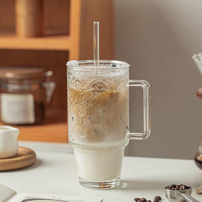KEMORELA 4-Pack 24 Oz Glass Tumblers with Straws and Lids, Iced Coffee Cups with Begonia Floral Pattern, Smoothie Cups with Handles, Reusable Cold Drinkware, Glass Tumblers for Beverages