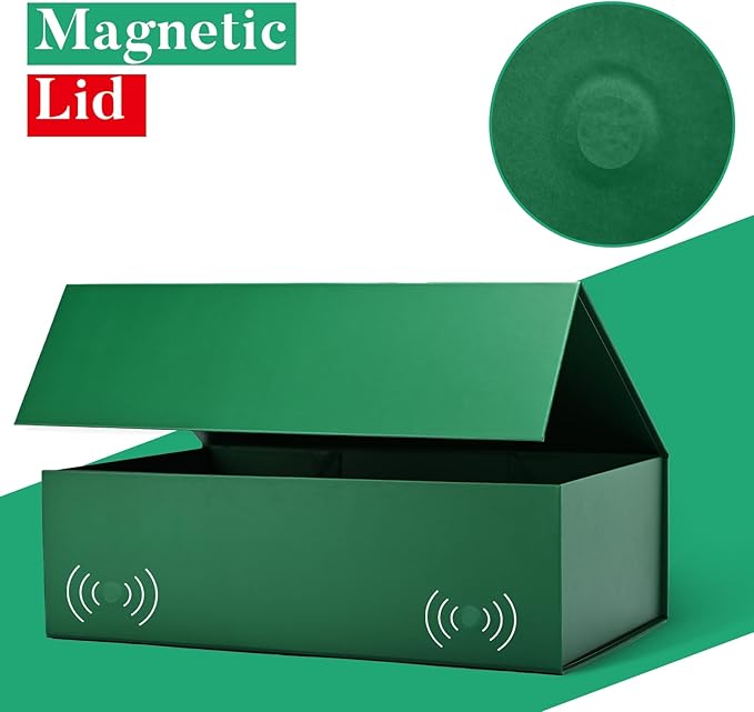 LIFELUM 5 Pack Boxes - Large Green Boxes of Gifts 13.8 x 8.5 x 4.5 Inch with Strong Magnetic Lid, Contains Card, Ribbon, Filler, Sticker