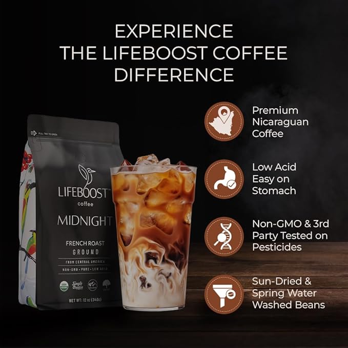 Lifeboost Midnight French Roast Coffee Ground - Non-GMO Single Origin USDA Organic Low Acid Coffee French Roast - Third Party Tested For Mycotoxins & Pesticides - 12 Ounces