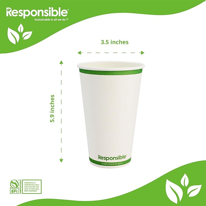 Certified Compostable 20 oz Paper Cups, Cold ＆ Hot Coffee Cups, Disposable Paper Cups, Extra Strength Disposable Cups, Made without PFAS (50 count)