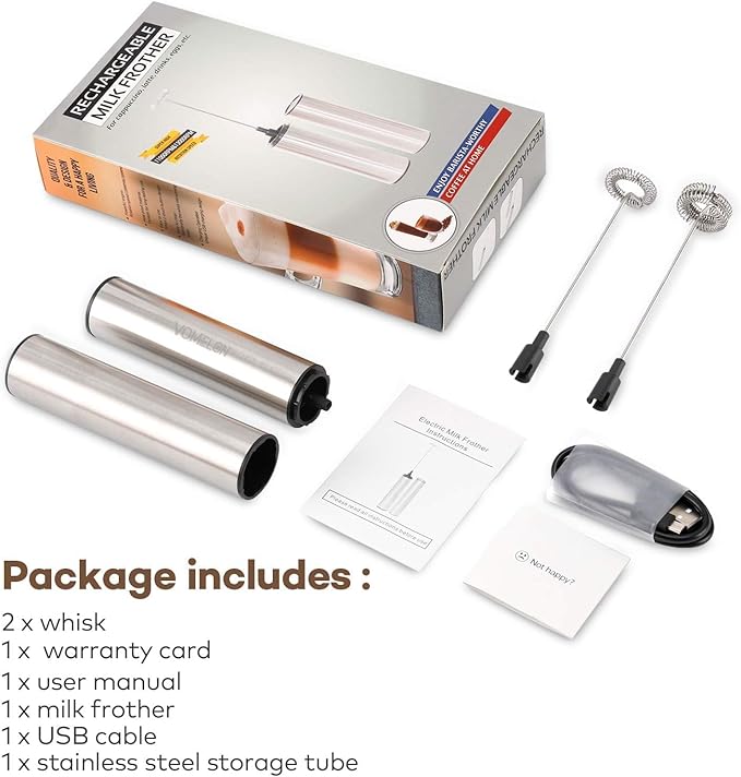 Rechargeable Milk Frother Handheld Electric Frother Wand Milk Foamer Drink Mixer for Coffee, Lattes, Cappuccino, and Egg, Stainless Steel for Travel-Silver