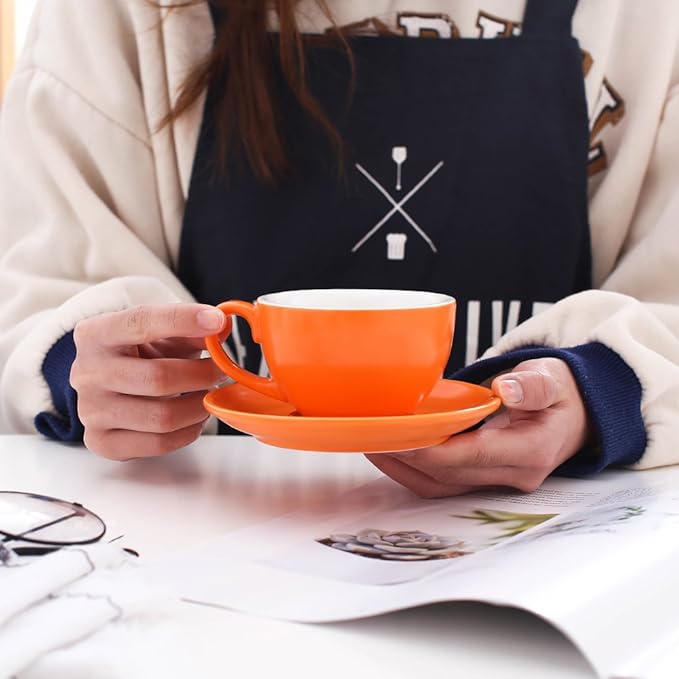 Ceramic Latte Art Cup and Saucer for Latte & Cappuccino, Mate for Coffee Shop and Barista (Matte Orange, 10.5 oz)