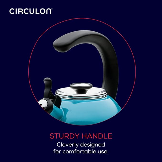 Circulon Enamel on Steel Whistling Teakettle/Teapot With Flip-Up Spout, 2 Quart - Turquoise Blue