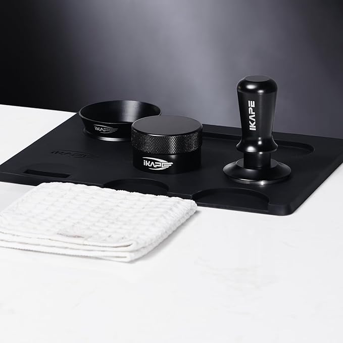 IKAPE 51MM Espresso Tamper Kit Black 6 IN 1, Espresso Accessories Kit Featuring Coffee Tamper, Distributor, Magnetic Dosing Funnel, Silicone Mat, Puck Screen, Cleaning Towel