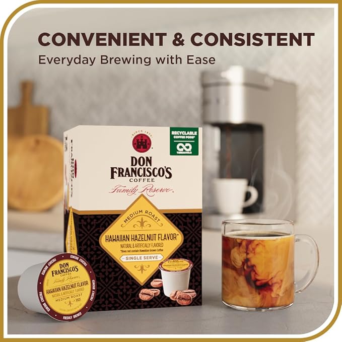 Don Francisco's Hawaiian Hazelnut Flavored Coffee - 12 K-Cup Compatible Single-Serve Pods - 100% Arabica with Coconut Hint - Recyclable through TerraCycle - Compatible with Keurig Brewers