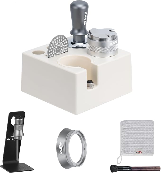 IKAPE 58MM Espresso Tamper Kit Silver 8 IN 1, Coffee Tamper Set comprising a Tamper, Distributor, Magnetic Dosing Funnel, Puck Screen, Station, WDT Tool, along with a Cleaning Towel and Brush