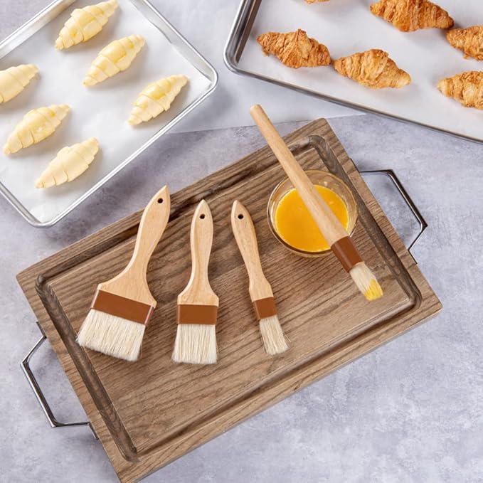 Restaurantware-Pastry Tek Wide Buttering Brush Set, 1 Set of 4 Boar Bristle Pastry Brushes - Hardwood Handle, Sturdy Ferrule, Wood Basting Brushes, Built-In Hanging Hole, For Glazing And Basting