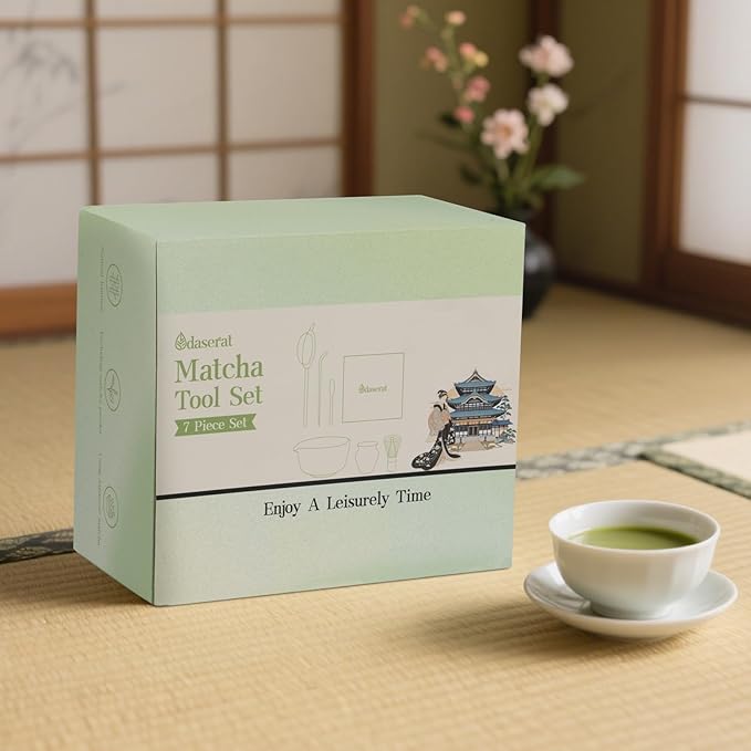 Matcha Whisk Set, 7 Pcs Matcha Kit, Premium Ceramic Matcha Set, Whisk and Bowl, Sifter, Cup Holder, Bamboo Scoop, Tea Plucking, Tea Towel, Matcha Lovers (White)