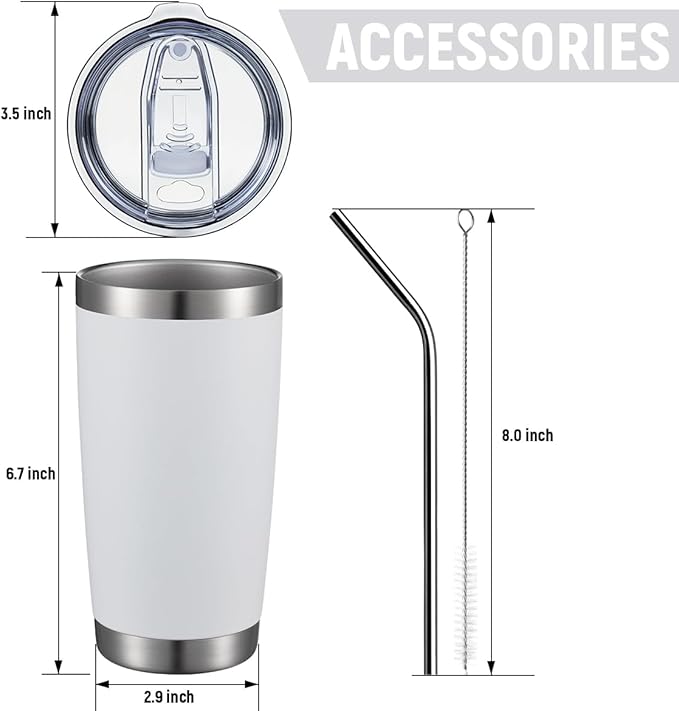 COMOOO 20oz White Tumbler Double Wall Vacuum Insulated Coffee Travel Mug Stainless Steel Tumbler Bulk with Lid and Straw Powder Coated Insulated Coffee Cup for Cold & Hot Drinks (White, 6 Pack)