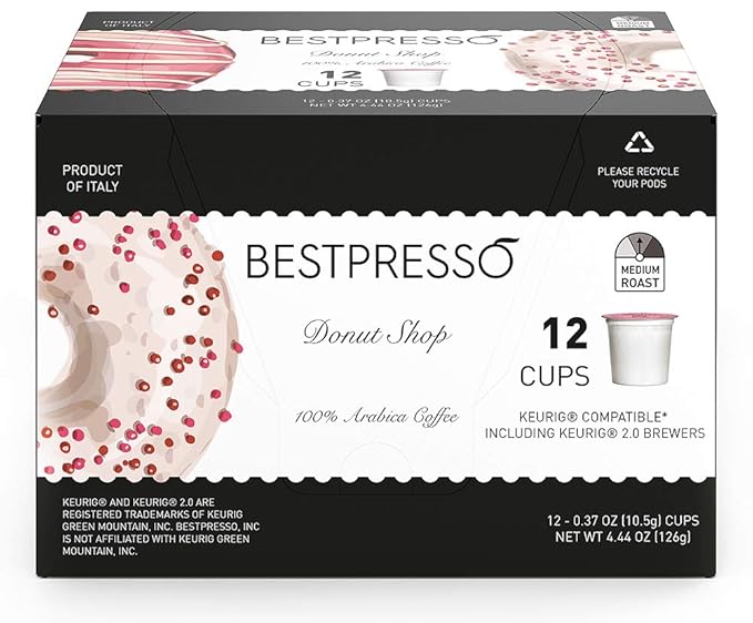 Bestpresso Coffee, Donut Shop Medium Roast Single Serve K-Cup Pods, 96 Count (Compatible With 2.0 Keurig Brewers) 8 Packs Of 12 Cups