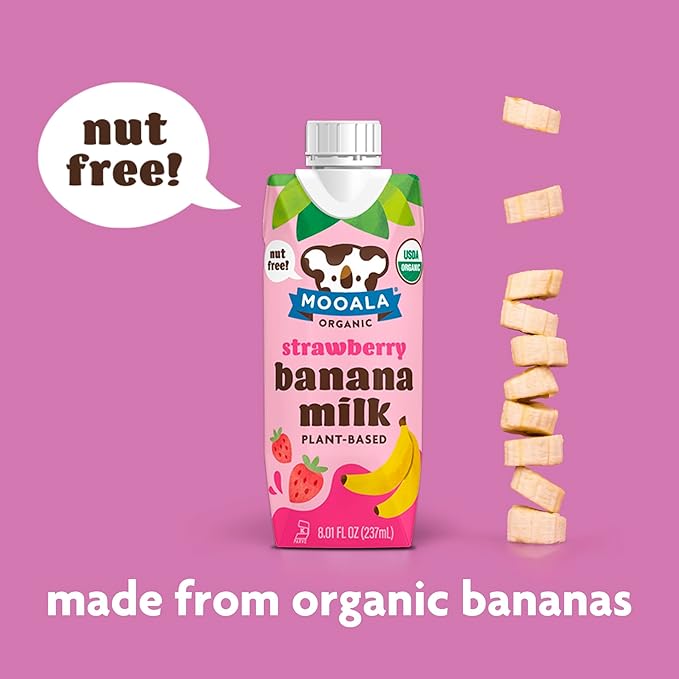 Mooala - Organic Strawberry Bananamilk, Lunchbox Friendly, Shelf-Stable, Non-Dairy, Nut-Free, Plant-Based Beverage, On the Go 12 Pack