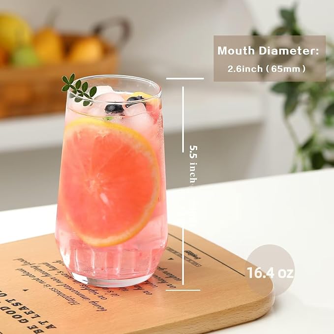 Drinking Glasses Set of 6, 16.4 oz Crystal Water Glasses,Tall Glass Cups,Highball Glass for Cocktail,Juice,Mojito,Iced Tea,Kitchen and Bar Glassware,Gifts
