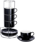 8 Ounce Porcelain Cappuccino Cups with Saucers and Silver Stand, Black Cups Set of 4
