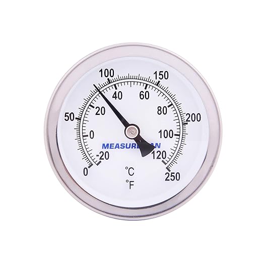 MEASUREMAN Hot Water Bi-Metal Thermometer, 2-1/2" Dial, 1-3/4" Lead-Free Brass Stem, Range 0-250 deg F/-20-120 deg C, 2% Accuracy, Adjustable, 1/2" NPT Back Mount