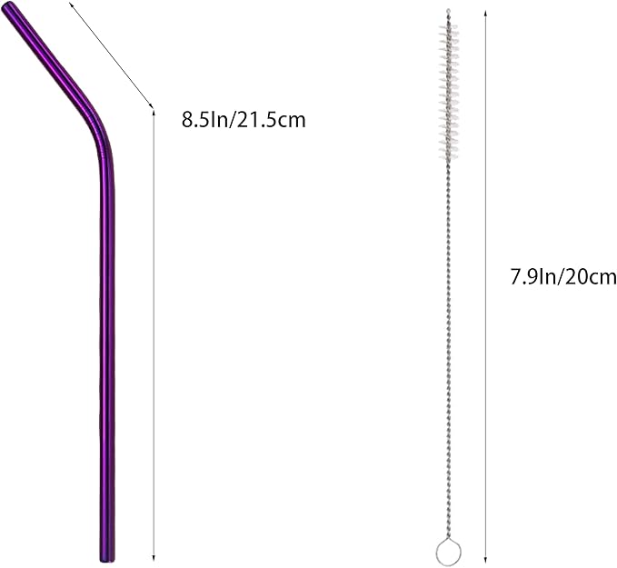 10 Pcs Stainless Steel Straws, Reusable Drinking Straws, Bent Metal Straw Sets with 2 Pcs Cleaning Brushes (Purple, 8.5 Inch)
