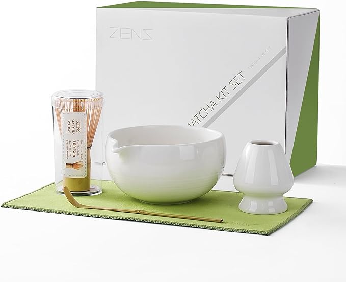 ZENS Matcha Whisk Set, 15oz Ceramic Matcha Bowl with Spout and Bamboo Whisk, Whisk Holder (Chasen), Scoop & Tea Towel, 5pcs Matcha Tea Kit Gift for Matcha Lovers, White