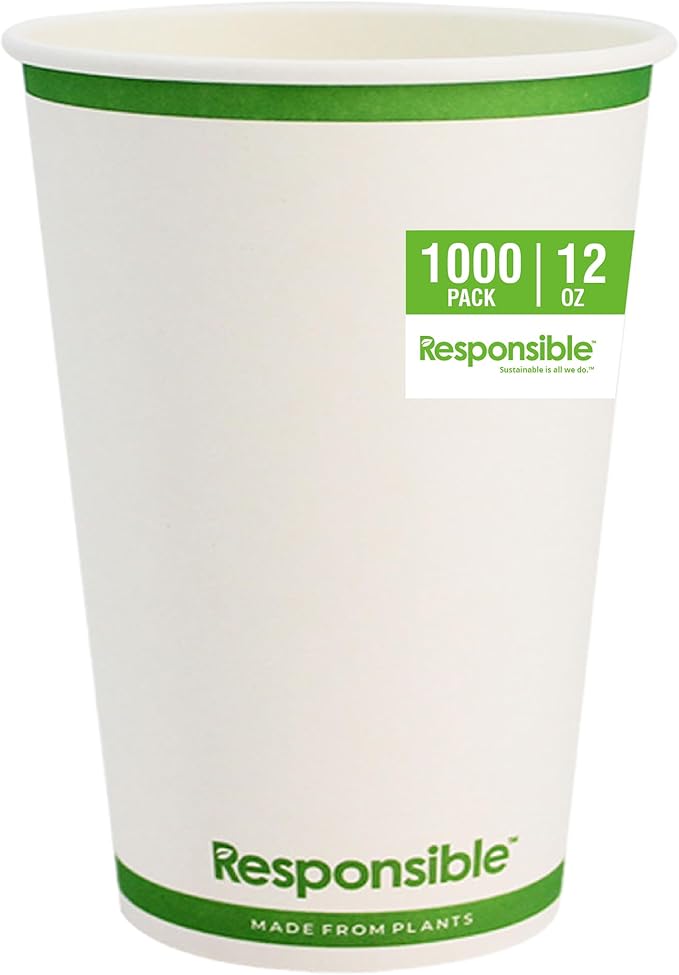 12 oz Paper Hot Cups, Tree-Less™ Compostable Paper Coffee Cups, Extra Strength, Tree-Free and Made Without PFAS, White (1000 Count)