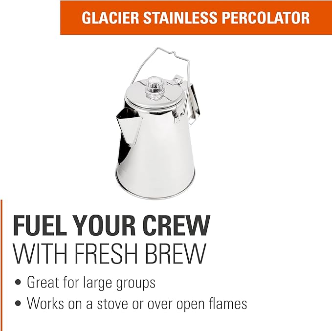 GSI Outdoors Percolator Coffee Pot I Glacier Stainless Steel Ultra-Rugged for Brewing Coffee Over Stove and Fire | Ideal for Group Camping, 28 Cup