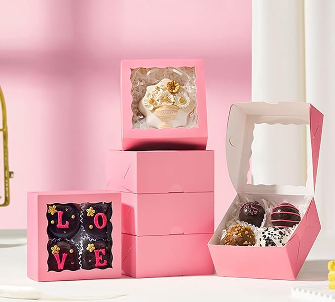 40PCS 4x4x2 Inches Pink Bakery Boxes with Clear Window – Ideal for Cookie, Strawberry, Macaron, Ores, Chocolate Truffles, Donut, Pie –Great for Party, Wedding, Valentine's, Birthday, Christmas Favor
